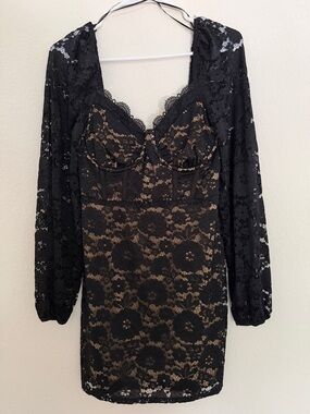 Lush Black Lace Long Sleeve Bodycon Dress with Nude Lining